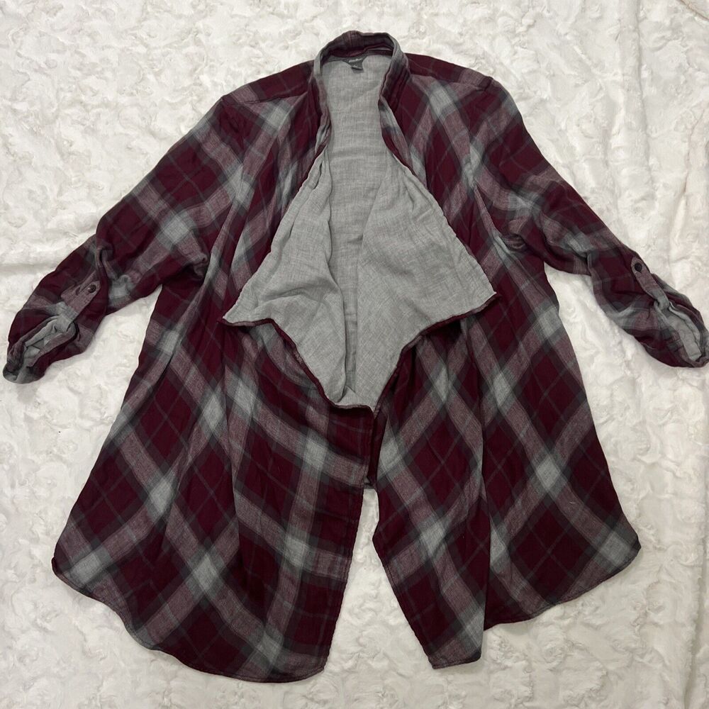 Eddie Bauer Drape Shawl Cardigan Sweater Plaid 2TXL Burgundy And Gray Color